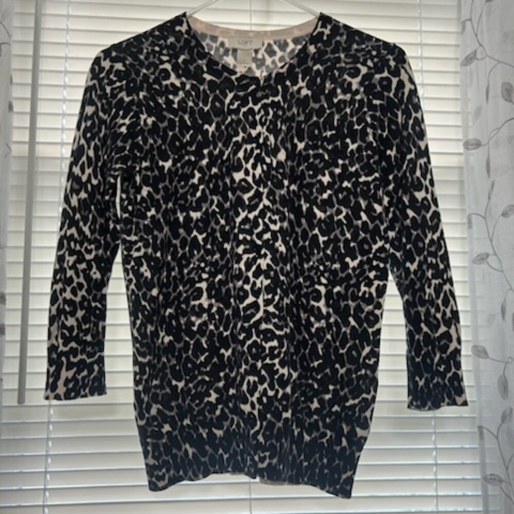 LOFT Leopard Print Cardigan Sweater, Size Small